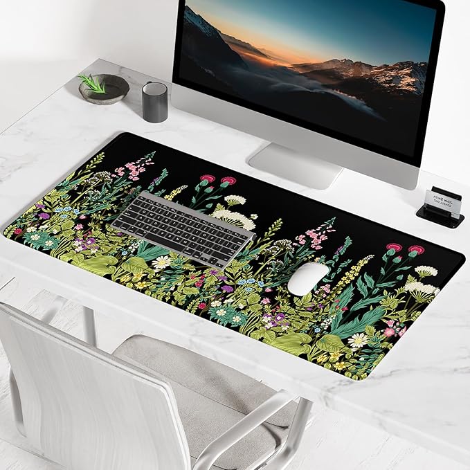 BOSOBO Large Mouse Pad, Desk Pad, XXL XL Extended Gaming Mouse Pad, Desk Mat for Office & Home, Long Keyboard Mat, Huge Mouse Pad, Desktop Full Cover 31.5 x 11.8 Inches, Silent Midnight Flowers Black