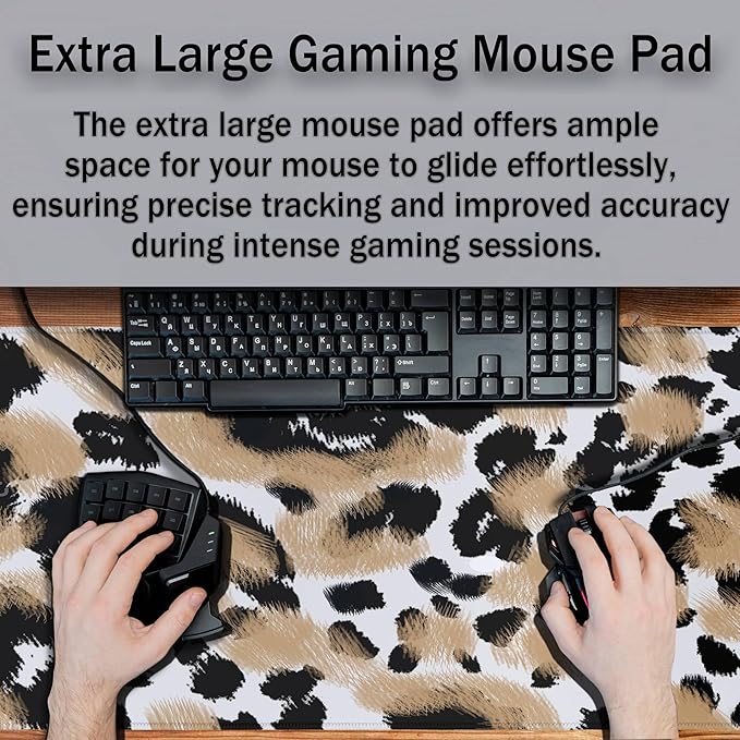 Gaming Mats XXL Keyboard and Mouse Pad - Extra Large Desk Mat for Men With Non-Slip Rubber Base 35.4 X 15.7 for Game Office, Animal Leopard Print