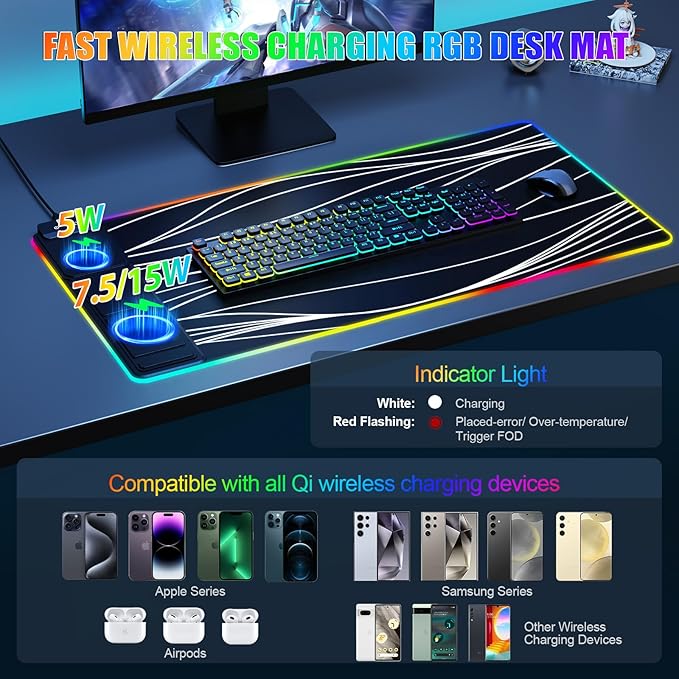 Mouse Pad with Foldable Phone Holder, Wireless Charging Desk Mat, RGB Gaming Mousepad Large Desk Pad with Non-Slip Base, Waterproof Keyboard Pad, Classic Black (XXL Stand Wavy)