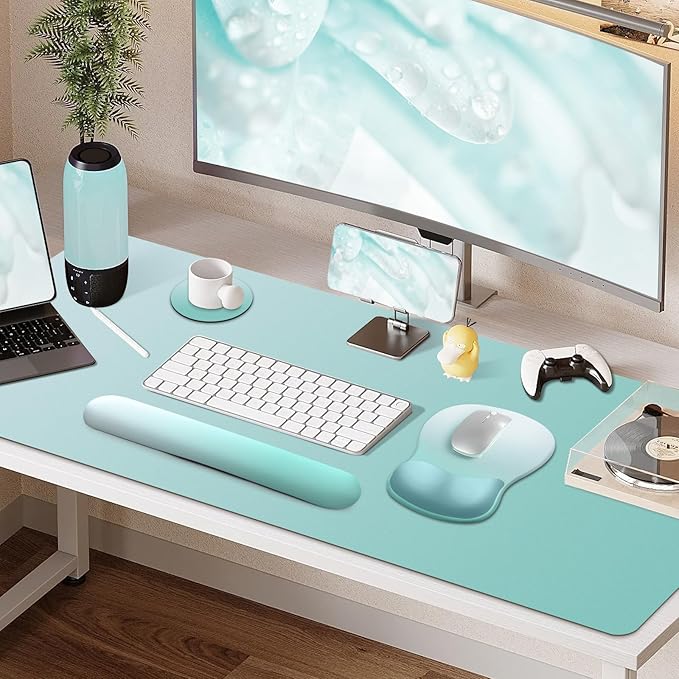 4-in-1 Large Gaming Mouse Pad, Keyboard Wrist Rest Pad & Wrist Support Mousepad Set, Extended Desk Pad Waterproof Desk Mat Protector for Home Office Decor Study Game 35.4×15.7 Inches I Mint Green