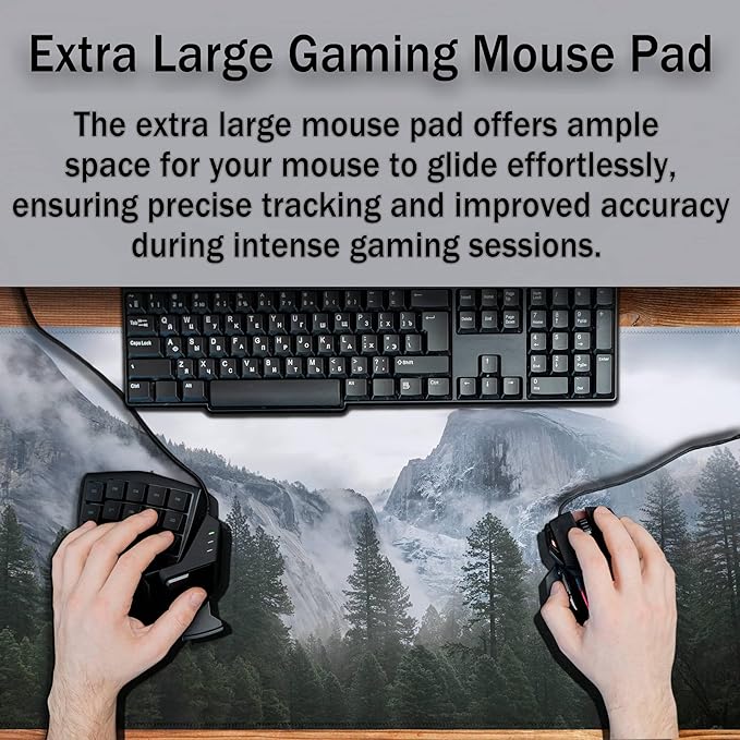 Gaming Mouse Pad - Green XXL Non-Slip Rubber Base 35.4" X 15.7" for Game Office, Park Nature Mountain Trees Mist