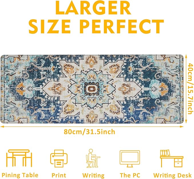 Desk Mat,Bohemian Textile Rug Texture Mouse Pad,31.5""X15.7"" Large Desk Pad with Stitched Edge Non-Slip Base Keyboard Big Mouse Pad for Office Home Work Gaming, WDQ-D10