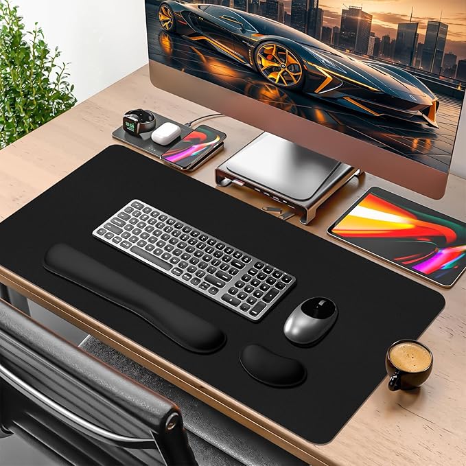 Mouse Pad with Wrist Rest Support, Keyboard Wrist Rest and Mouse Pad Set, Desk Mat for Keyboard and Mouses, Non-Slip Computer Mat Set for Office, Home (35.4×15.7 Inches, Black)