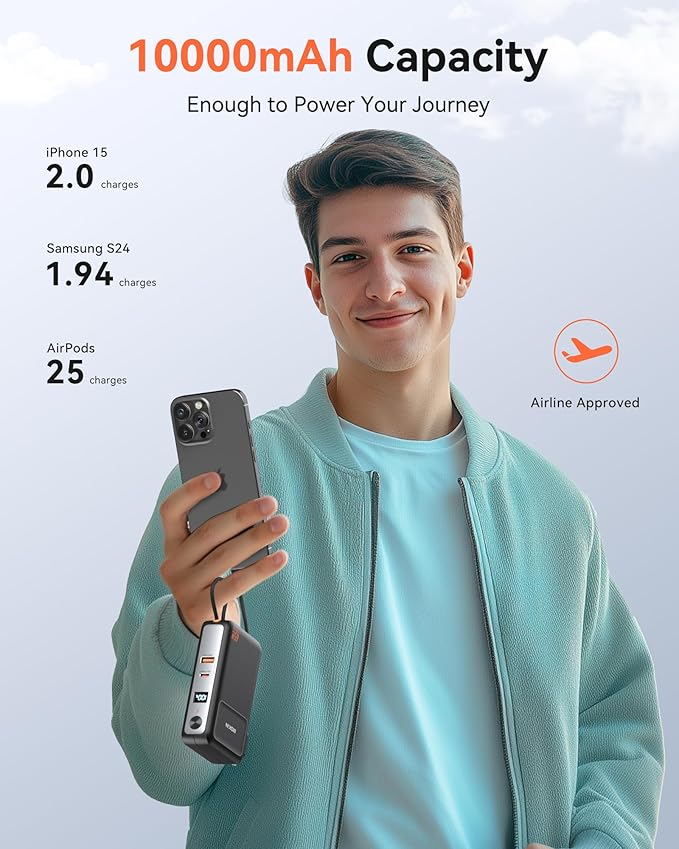 Portable Charger, 10000mAh Power Bank Built in Cable and Wall Plug 65W for Laptop, 3 in 1 Phone Battery Pack 35W Fast Charging, Travel Essentials USB-C Compatible with iPhone 17 16 15 Samsung MacBook
