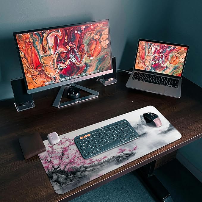 Gaming Mouse Pad, Large 31.5 x 11.8 inches Mousepad, Long Keyboard Pad, Cute Mouse Mat for Computer with Stitched Edges and Non-Slip Base (Pink Cherry Blossoms)