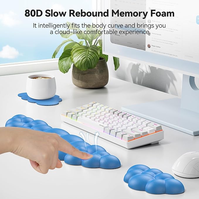 TECKNET Cloud Keyboard Wrist Rest Set, Cloud Wrist Rest with Non-Slip Base, PU Leather Wrist Pad for Keyboard with Ergonomic Memory Foam for Computer Laptop Office Gaming and Pain Relief, Blue