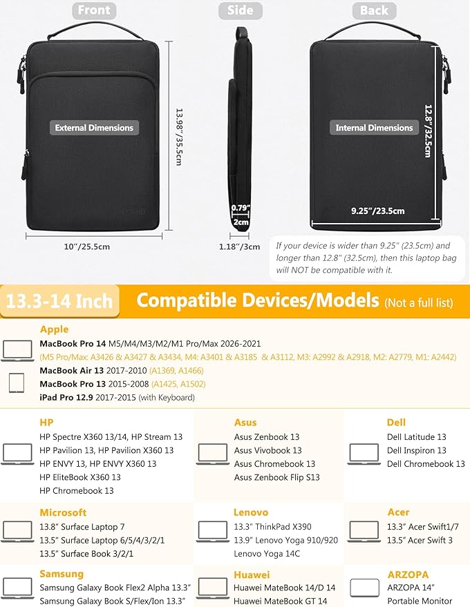 HYZUO 13.3-14 Inch Laptop Bag Sleeve for MacBook Pro 14 M5 M4 M3 M2 M1 Pro/Max A3426 A3427 2026-2021, MacBook Air/Pro 13.3, 13.8"-13.5" Surface Laptop/Book, Notebook Case for 13" Dell HP, Black
