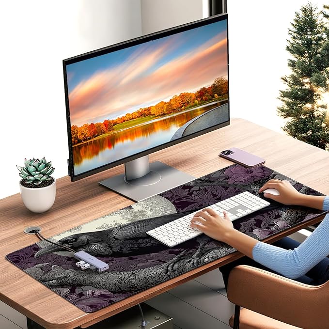 XXL Gaming Mouse Pad, Gothic Raven Moon Design with Purple Floral, 35.4 x 15.7 Inches, Non-Slip Rubber Base, Waterproof Surface，A Keyboard and Mouse Accessory Suitable for Home Gaming and Work.