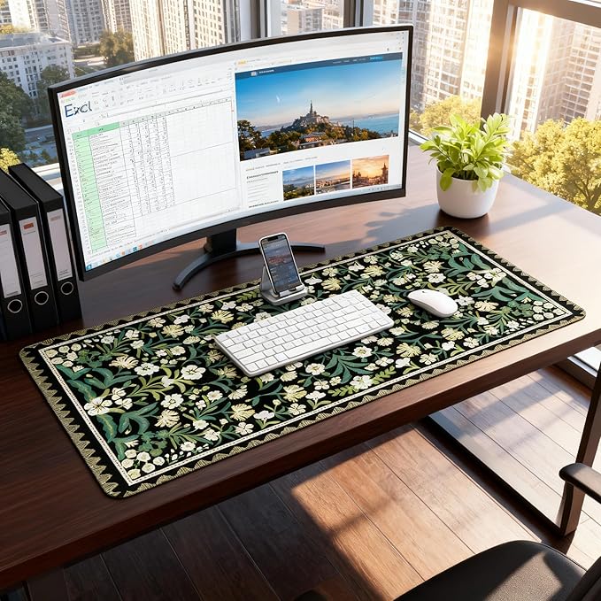 Floral Dark Green XXL Desk Pad - Extra Large Anti-Slip Mouse Pad with Stitched Edges for Computer, Keyboard & Office | Aesthetic Desk Mat for Women, Home Office Decor & Supplies