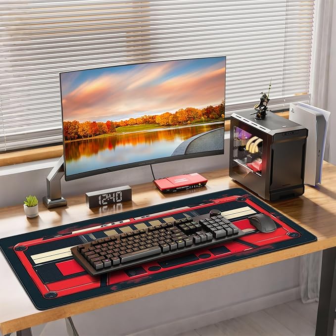 Retro Cassette Tape Design Mouse Pad, 35.4 x 15.7 Inches Gaming Desk Mat with Non-Slip Base for Home Office School Business