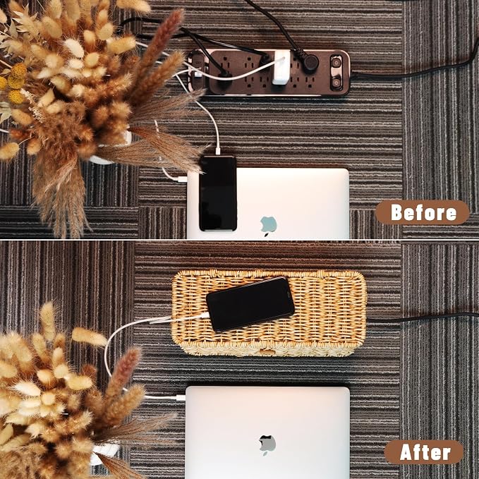 BROWNLILY Cable Management Box, Rattan Style Cord Organizer for Desk Cord Hider Outlet Covers Baby Proofing for Power Strip TV PC Router Charger Under Desk Storage - Natural Small - Image 5