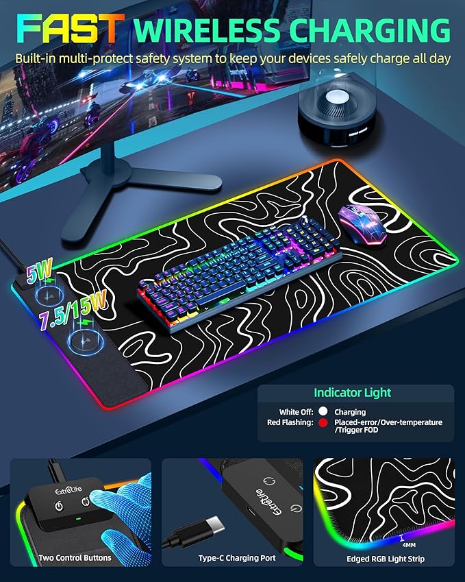 Wireless Charging Mouse Pad, RGB Gaming Mousepad, 31.5"x15.7" Extra Large Desk Pad, 13 Light Modes, Non-Slip Base, Waterproof Computer Keyboard Mat for MacBook, PC, Laptop, Black Topographic Line