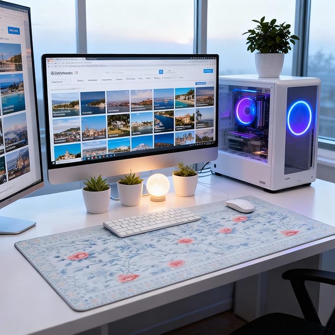 Blue Floral Pattern Mouse Pad XXL Large Anti-Slip Stitched Edges Desk Mat for Women, Home Office Computer Keyboard Desk Pad Mat Cute Aesthetic Office Supplies & Decor