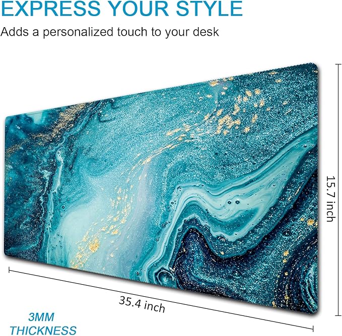 XXL Waterproof Office Desk Pad Protector 35.4x15.7 Inch - Extended Gaming Mouse Pad with Non-Slip Rubber Base, Thickened Keyboard Mat, Stitched Edges & Blue Marble Design