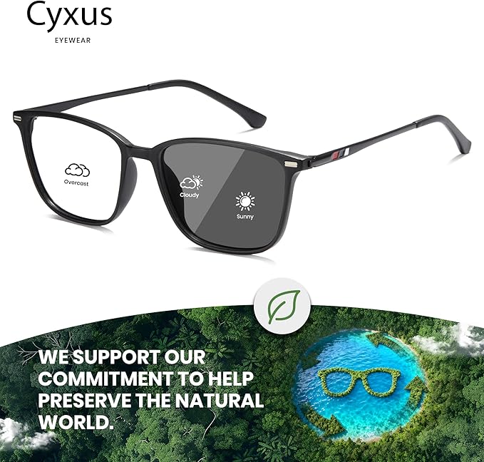 Cyxus Blue Light Blocking Glasses Photochromic Men Square Computer Gaming UV400 Protection 8208iT43