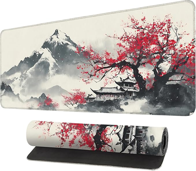 Mouse Pad, Large Anti-Slip with Stitched Edges Desk Mat Desktop Laptop Computer Desk Keyboard Mat,Table Protector Blotter Mat (Plum Blossom, 35.4" x 15.7")