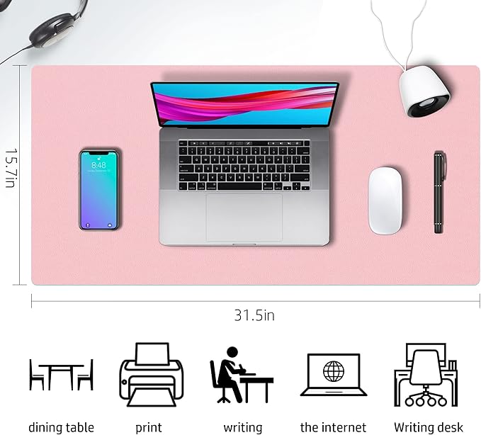 Desk Mat Large Protector Pad - Multifunctional Dual-Sided Office Desk Pad,Smooth Surface Soft Mouse Pad, Waterproof Desk Mat for Desktop, Pu Leather Desk Cover for Office/Home(Pink, 31.5" x 15.7")