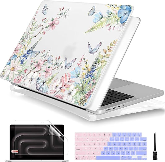 Batianda for MacBook Pro 14 Inch Case 2026-2021 Release M5 M4 M3 M2 M1 Pro/Max, 1.2mm Slim Graphic Hard Shell Cover with Keyboard Cover, Screen Protector 4-in-1 Bundle, Elegant Flowers