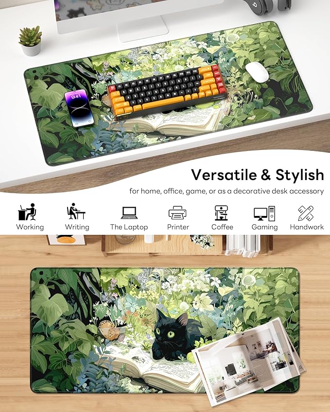 XL Gaming Mouse Pad, 31.5x15.7'' Large Desk Mat with Anti-Slip Rubber Base & Stitched Edges for Gaming, Office, Home - Reading Cat