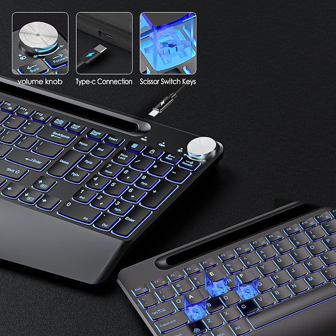 JOMAA 2.4G Wireless Silent Keyboard, Rechargeable,with 7 Colored Backlits &Phone Holder &Wrist Rest,Lighted up Full Size Keyboard for Mac Windows Laptop PC