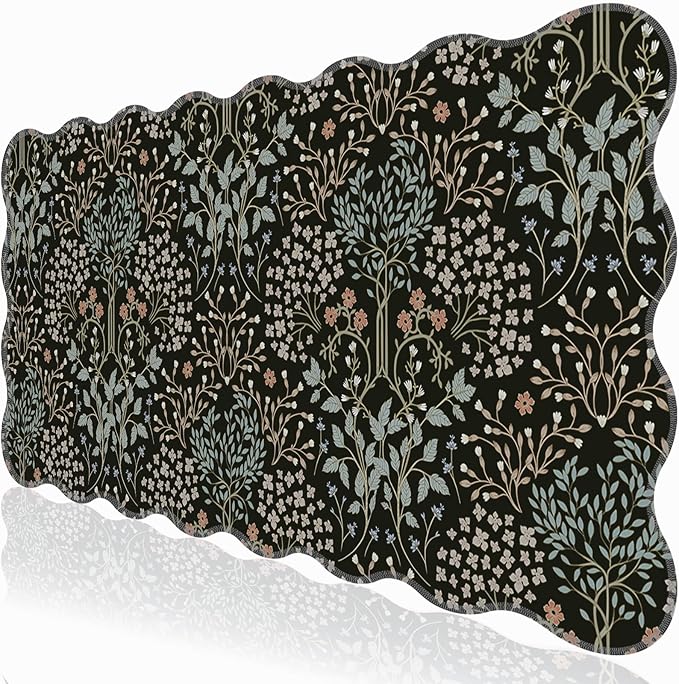 L-SPOUTTO Botanical Mouse Pad,Black Desk Mat XXL Large Scalloped Gaming Mousepad,35.4x15.12in Non-Slip Base Keyboard Pad Waterproof Desktop Mat for Laptop Computer Game Home Office-Seamless Plants