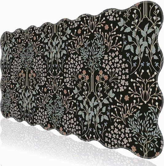 L-SPOUTTO Botanical Mouse Pad,Black Desk Mat XXL Large Scalloped Gaming Mousepad,35.4x15.12in Non-Slip Base Keyboard Pad Waterproof Desktop Mat for Laptop Computer Game Home Office-Seamless Plants