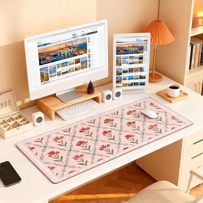 Pink Floral XXL Desk Mat - Extra Large Anti-Slip Mouse Pad with Stitched Edges for Women, Office & Home, Computer Keyboard Mat for Desk, Cute Aesthetic Office Supplies & Decor for Women
