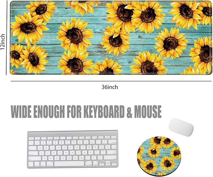 Gaming Mousepad 36x12 Mouse Pad XXL Desk Mat Sunflower Desk Pad Long Extended Mouse Mat with Stitched Edges Computer Mat for Men Office Work