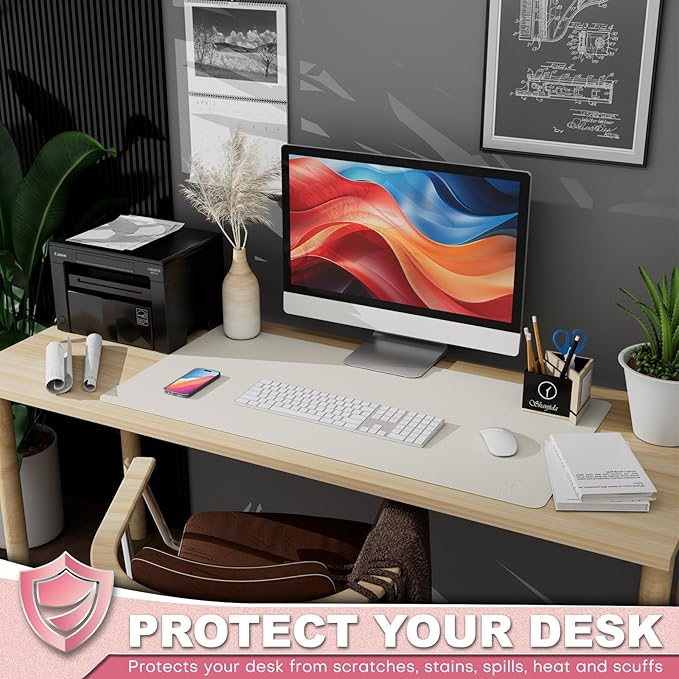 K KNODEL Leather Desk Pad Protector, Office Desk Mat, Large PVC Leather Desk Blotter, Non-Slip Mouse Pad (White, 17" x 35.4")