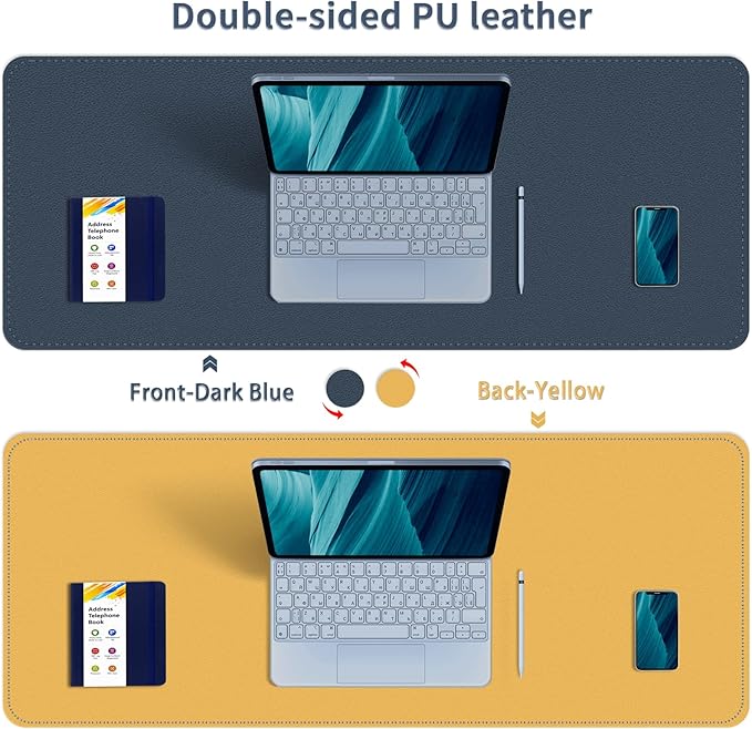 Bleswin Multifunctional Large Desk Mat, Double Sided Computer Desk pad, Extended Mouse Mat, Office Desk Protector with Waterproof PU Leather, 35.4''×16.9'', Office Home Writing Pad (Dark Blue+Yellow)