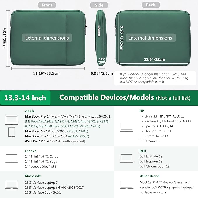 HYZUO 13.3-14 Inch Laptop Sleeve Bag Set for MacBook Pro 14 M5/M4/M3/M2/M1 Pro/Max A3426 A3427 2026-2021, MacBook Air/Pro 13.3, 13.5-13.8" Surface Book/Laptop, NoteBook Case for 13.3" HP, Jungle Green