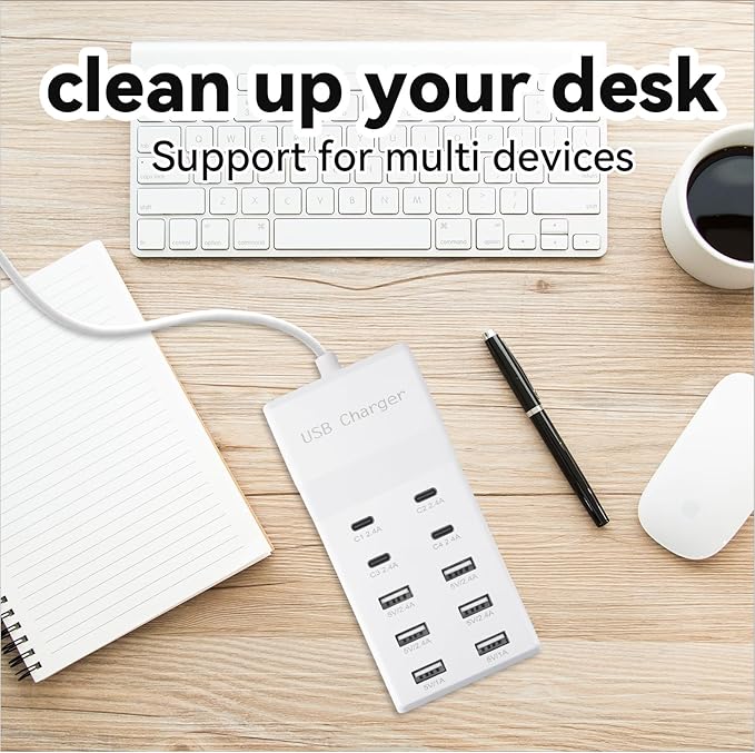 USB Charging Station with 6 USB-A & 4 USB-C Ports, 50W 10A USB Charging Block for Smart Phone, Tablet, Laptop, Multiple Devices - USB Power Strip with Auto-Detect Technology (1 PCS)