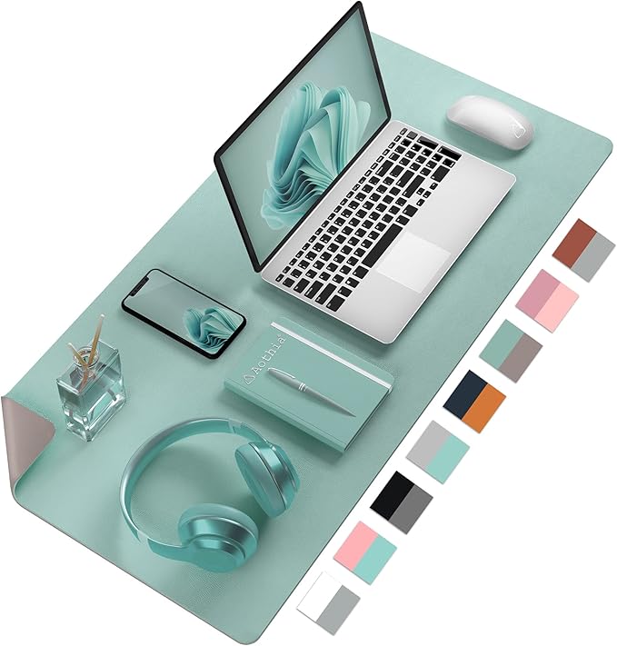 Desk Mat Large protector Pad - Multifunctional Dual-sided Office Desk Pad,Smooth Surface Soft Mouse Pad,Waterproof Desk Mat for Desktop, Pu Leather Desk Cover for Office/Home(Lake Blue, 31.5" x 15.7")