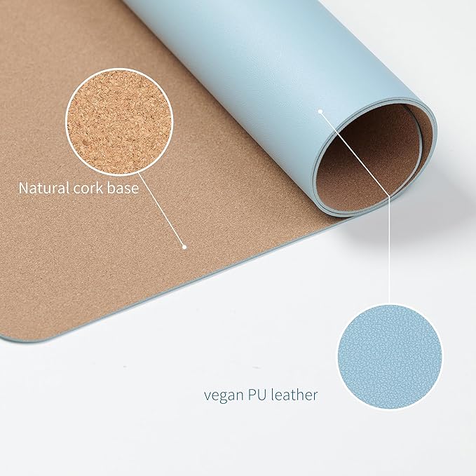 RENMTURE Dual-Sided Large Desk Pad, Faux Leather Natural Cork Mouse pad, Desk Accessories Protector, for Office and Home Work (Light Blue, 32"x16")