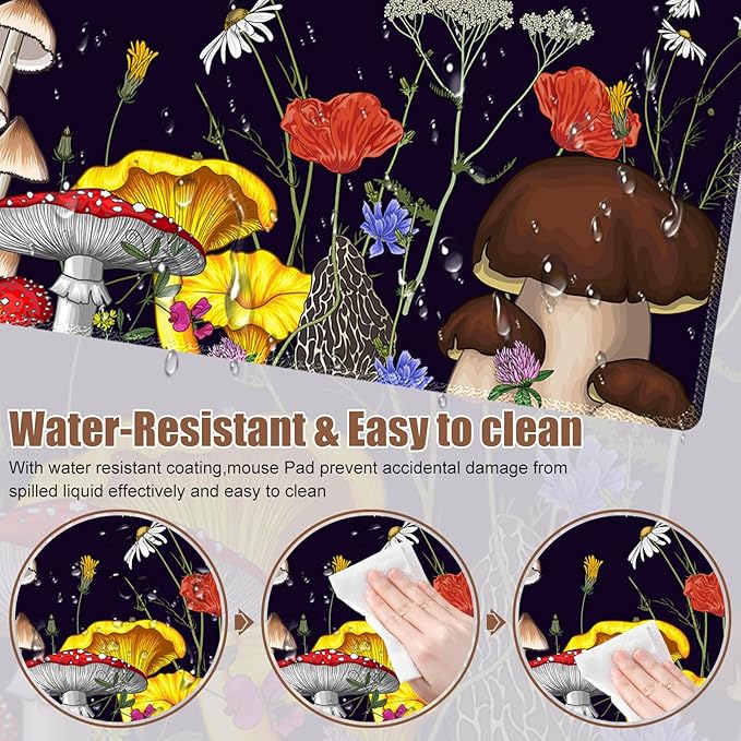 Desk Matt for Desktop, Desk Pad Mat, Mouad Pad for Keyboard and Mouse, XXL Large Mouse Pad for Desktop, Anti-Slip Big Mousepad with Stitched Edges, Mouse Mat for Computer Laptop, Mushroom Wildflower