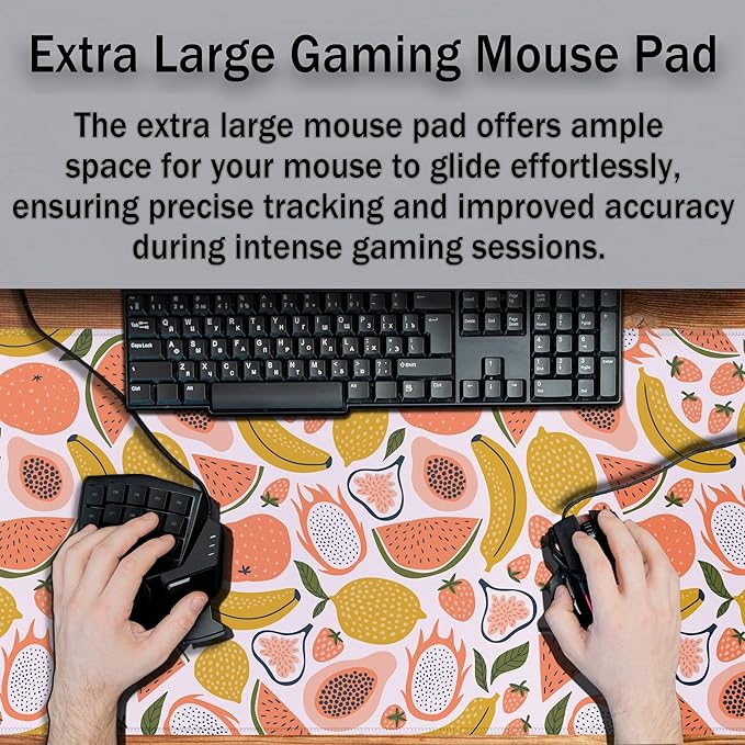 Large Desk Pad, Keyboard Mouse Pad Gaming Desk Mats, Mouse Pad Mat Non-Slip Rubber Base Waterproof with Stitched Edges, 35.4 X 15.7 inch for Work/Game/Office/Home Bright Summer Cartoon Fruits