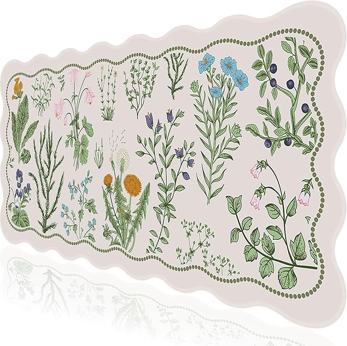 L-SPOUTTO Floral Mouse Pad,Botanical Desk Mat XXL Large Scalloped Gaming Mousepad,35.4x15.7in Non-Slip Keyboard Pad Waterproof Desktop Mat for Laptop Computer Work Game Home Office-Flowers Plants
