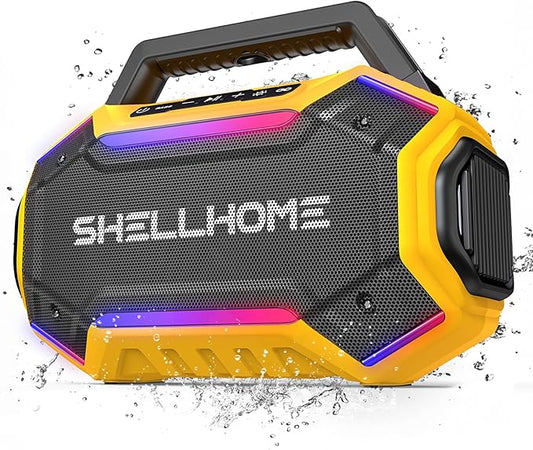 Bluetooth 6.0 Speakers Outdoor, 80W(Peak) Loud Speaker with Bass, 30H Playtime, IPX6 Waterproof, RGB Lights, BassUp 2.0, TWS, Portable Large Jobsite Speakers for Workshop, Garage,Yellow