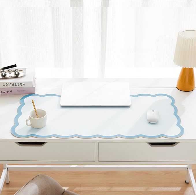 Scalloped Desk Mat, 31.5" x 15.7" Large Cute Blue Aesthetic Desk Accessories, PU Leather Computer Laptop Desk Mat Mouse Keyboard Pad, Desk Writing Makeup Mat for Vanity/Work/Home Decor