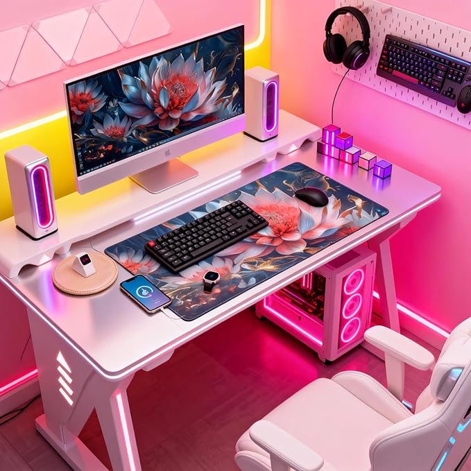 Floral Aesthetic Lotus Gaming Mouse Pad, Ink Blue Red Cyber Desk Mat with Anti-Slip Base & Stitched Edges,35.4" x 15.7" in Table Mat for Computer Desktop, Beautiful Workstation Decor