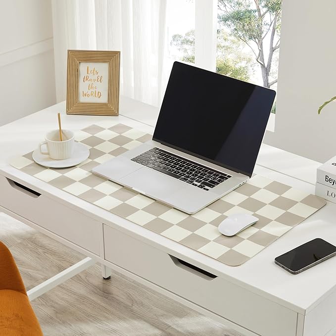 Checkered Desk Mat, 31.5" x 15.7" Large Cute Beige Khaki Aesthetic Retro Accessories, PU Leather Computer Laptop Desk Mat Mouse Keyboard Pad, Desk Writing Makeup Mat for Vanity/Work/Home Decor