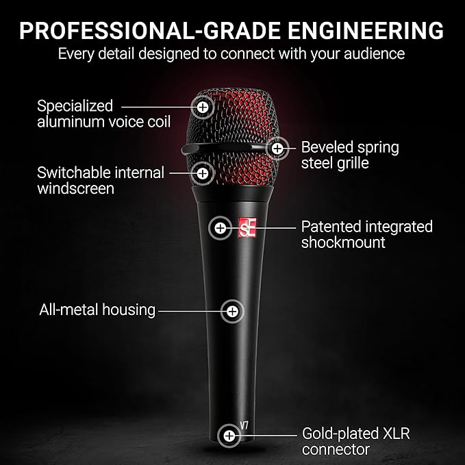 SE ELECTRONICS V7 Dynamic Microphone for Singing, Speech & Studio Recording - XLR Handheld Professional Microphone with Supercardioid Aluminum Voice Coil for Huge Gain Before Feedback - Chrome