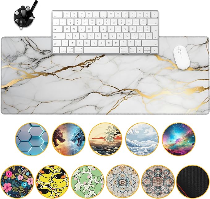 Desk Mat,Gold Line Marble Gaming Mouse Pad,31.5""X15.7"" Large Desk Pad with Stitched Edge Non-Slip Base Keyboard Big Mouse Pad for Office Home Work Gaming-White, WDQ-D02