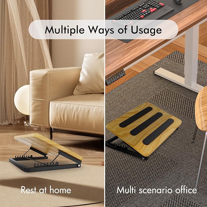 Ergonomic Foot Rest to Improve Posture-Adjustable Under Desk Foot Stool with 7 Angle Settings,Non-Slip Wooden Surface & Sturdy Metal Frame,Ideal for All-Day Comfort at Office or Home