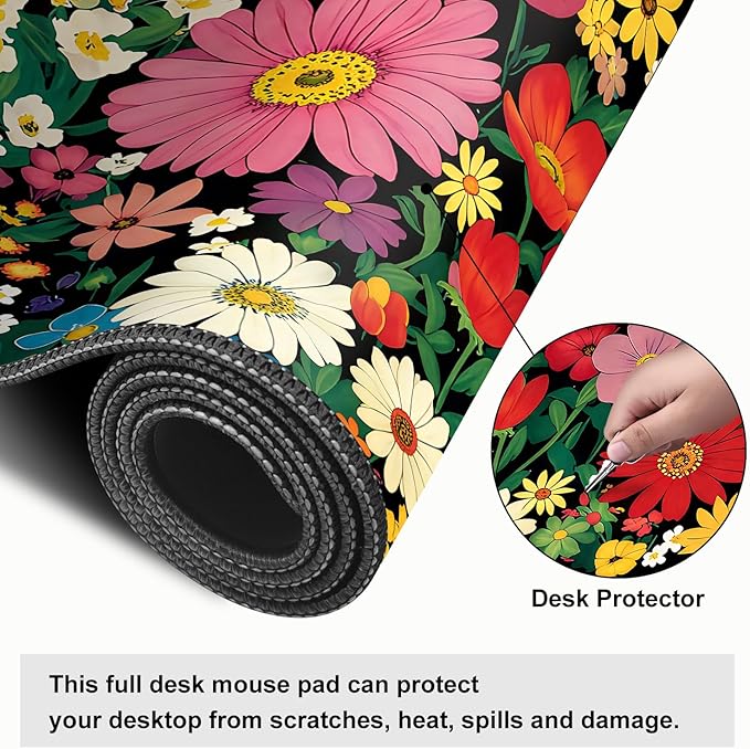 Mouse Pad, Large Anti-Slip with Stitched Edges Desk Mat Desktop Laptop Computer Desk Keyboard Mat,Table Protector Blotter Mat (Flower, 35.4" x 15.7")