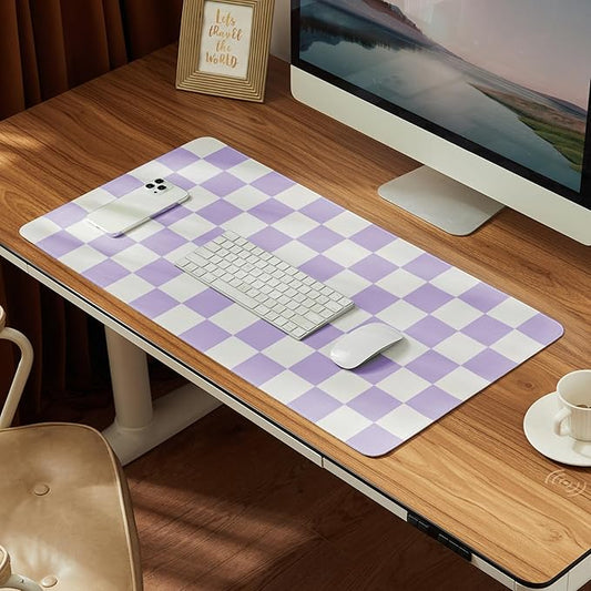 Checkered Desk Mat, 31.5" x 15.7" Large Cute Purple Aesthetic Retro Girl Women Accessories, PU Leather Computer Laptop Mat Mouse Keyboard Pad, Desk Writing Makeup Mat for Vanity/Work/Home Decor