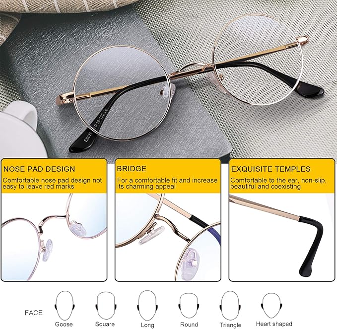 Brigtlaiff Round Blue Light Blocking Glasses for Men Women, Computer Gaming TV Glasses Anti Eyestrain with Metal Frame