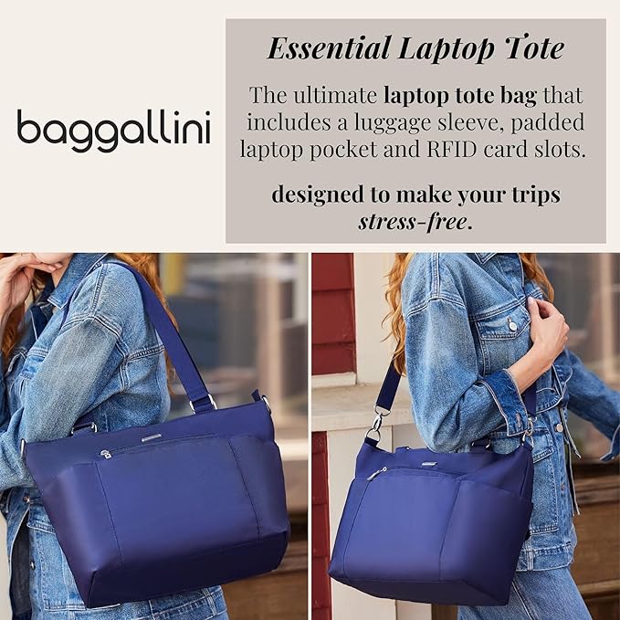 Baggallini Essential Laptop Tote - Work Tote Bag with Laptop Sleeve - Lightweight Travel Crossbody Shoulder Bag for Women
