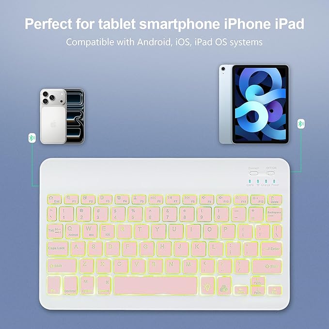 Backlit Bluetooth Keyboard Small Portable Wireless Keyboard Rechargeable Illuminated for Android Samsung Tablet Cell Phone Smartphone iPad A16 11th 10th Generation iPad Pro Air Mini iPhone (Pink)