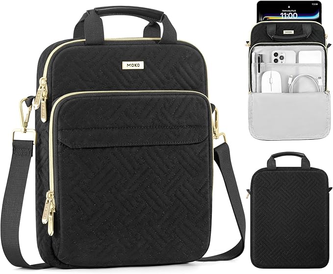MoKo 9-11 Inch Puffer Tablet Sleeve Bag for New 11-inch iPad Air M4 2026 & iPadPro M5, iPad 10th/Air 5/4th 10.9, 7/8/9th 10.2, 360° Edge Protection Puffy Bag with Handle & Shoulder Strap, Black